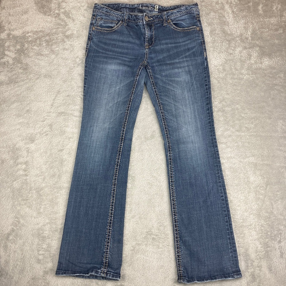 American Rag Womens Bootcut Jeans Medium Wash Blue Distressed Pockets Size 11R